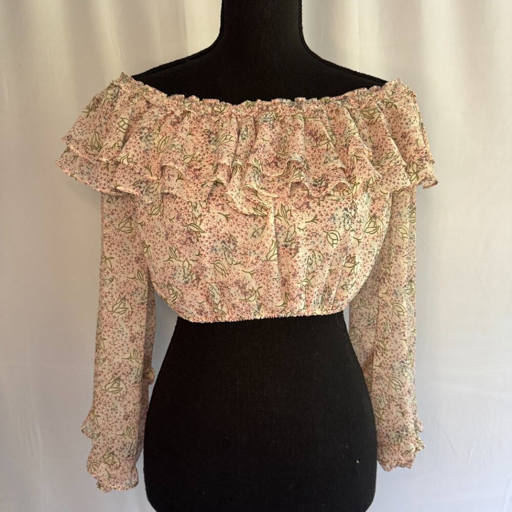 Lulus Teddi Blush Pink Floral Print Ruffled Off the‎ Shoulder Crop Top Small-364